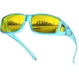 New Feisedy Blue Frame Yellow Lens Fit Over Night Driving Anti Glare Glasses